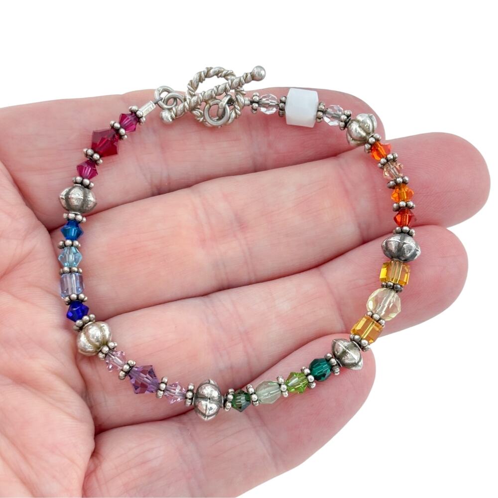 Sterling Silver Multicolor Crystal Glass Beaded Bracelet 7.25 inch